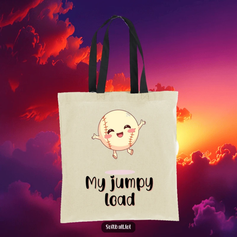 Funny silly jump softball tote bag, shown performing a joyful jump, great for a funny gift.