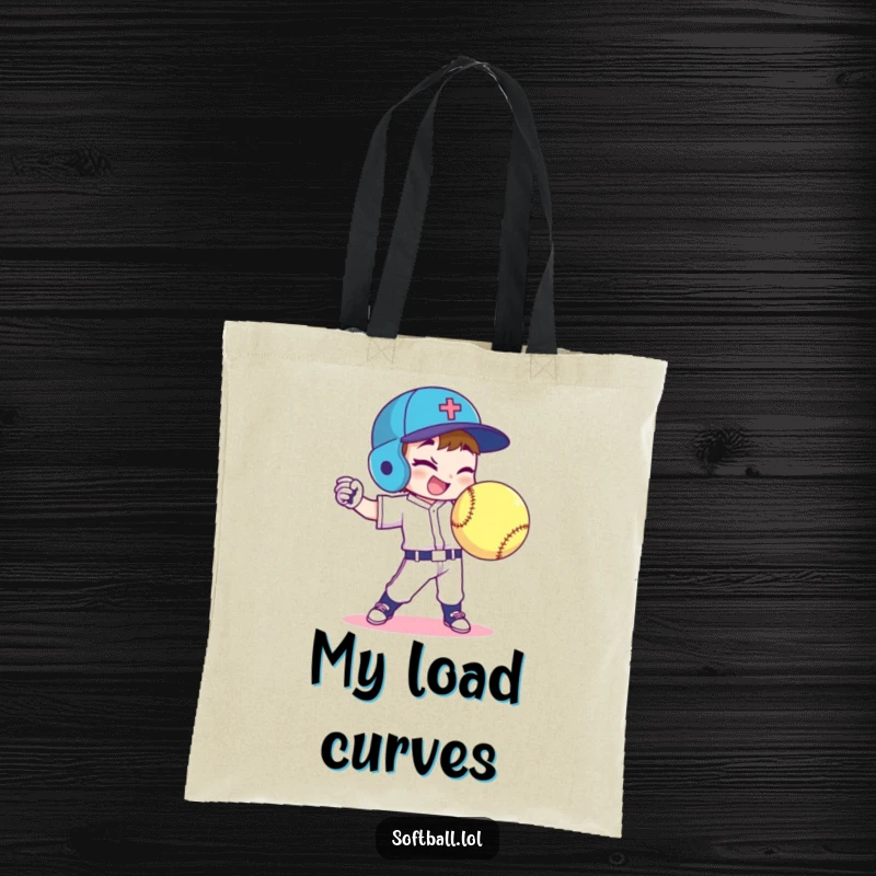 Funny softball player tote bag depicts a character throwing a curveball with a wink, perfect for stylish, humorous carrying.