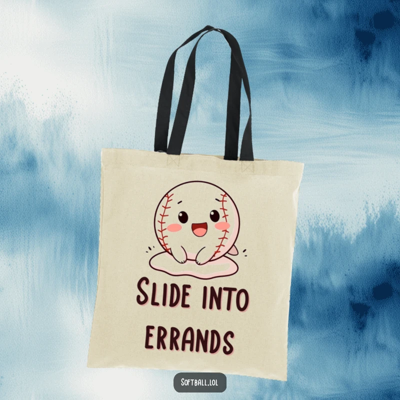 Funny softball tote bag showcasing a cheerful character executing a dramatic headfirst slide towards a base, perfect for carrying essentials.